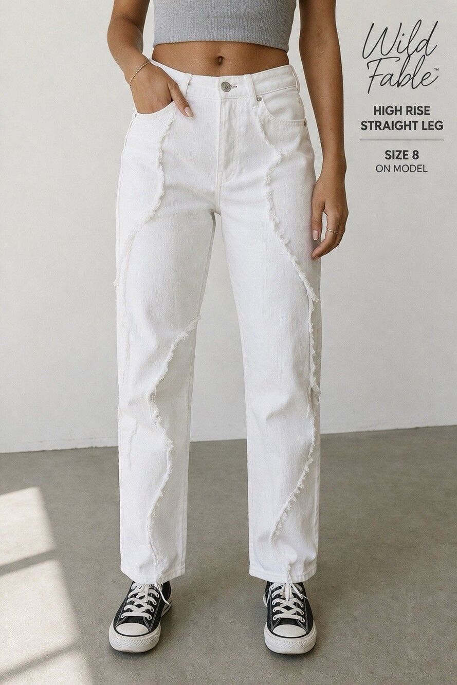 Wild Fable High Waisted Straight Leg Jeans 8 White Frayed Seam Indie Grunge Y2K